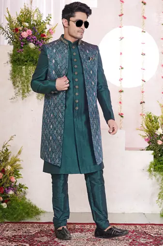 green digital print on jacquard  art silk 3 peice jacket set for men