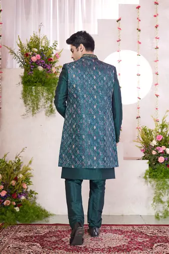 green digital print on jacquard  art silk 3 peice jacket set for men