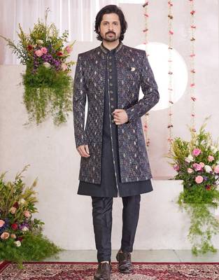 black digital print on jacquard  art silk 3 peice jacket set for men 1