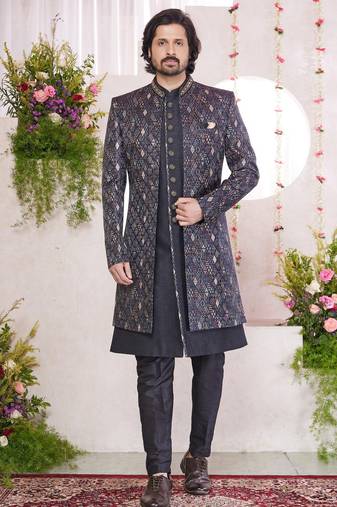 Black digital print on jacquard  art silk 3 peice jacket set for men