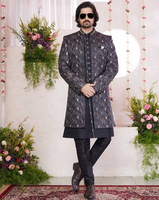 black digital print on jacquard  art silk 3 peice jacket set for men 2