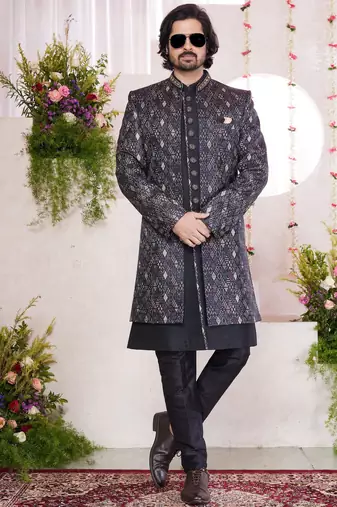 black digital print on jacquard  art silk 3 peice jacket set for men