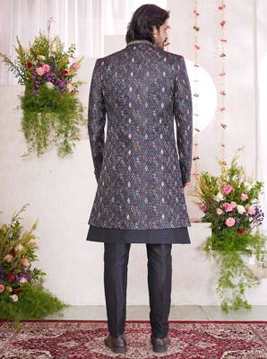 black digital print on jacquard  art silk 3 peice jacket set for men 3