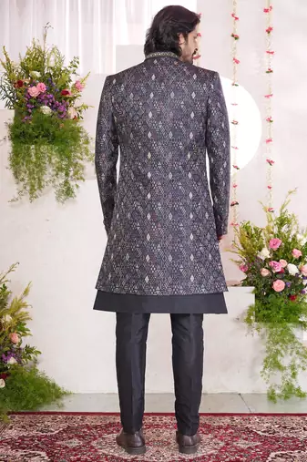 black digital print on jacquard  art silk 3 peice jacket set for men