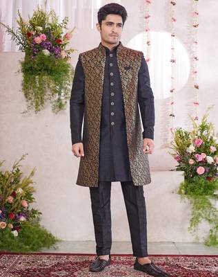 black jacquard  art silk 3 peice jacket set for men 1