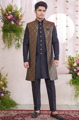Black jacquard  art silk 3 peice jacket set for men