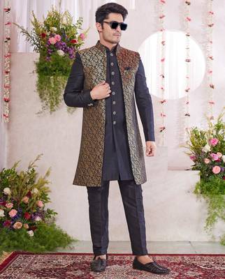 black jacquard  art silk 3 peice jacket set for men 2