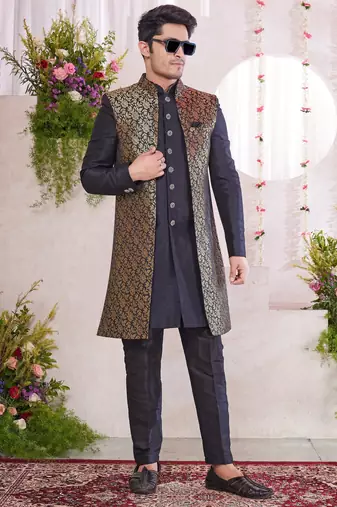 black jacquard  art silk 3 peice jacket set for men