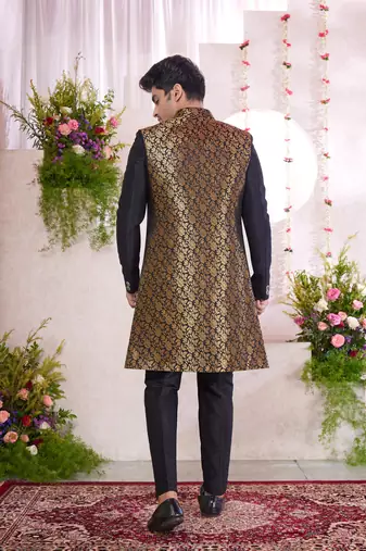 black jacquard  art silk 3 peice jacket set for men