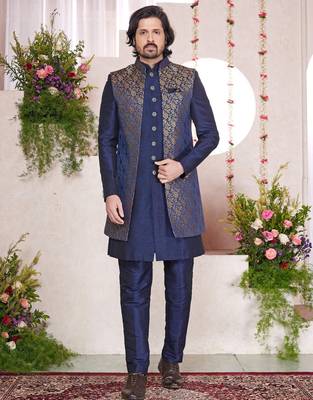 blue jacquard  art silk 3 peice jacket set for men 1