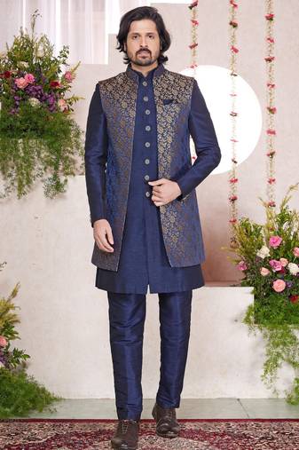Blue jacquard  art silk 3 peice jacket set for men