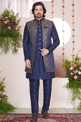 Blue jacquard  art silk 3 peice jacket set for men