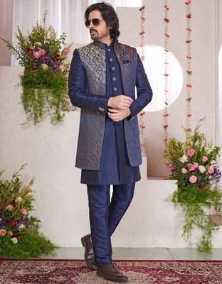 blue jacquard  art silk 3 peice jacket set for men 2