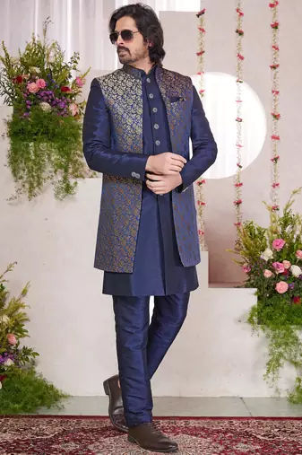 blue jacquard  art silk 3 peice jacket set for men
