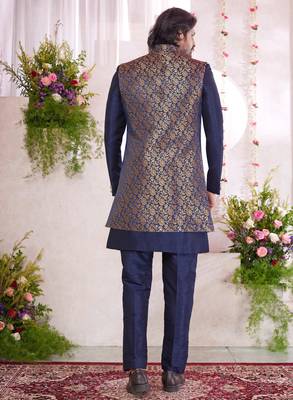 blue jacquard  art silk 3 peice jacket set for men 3