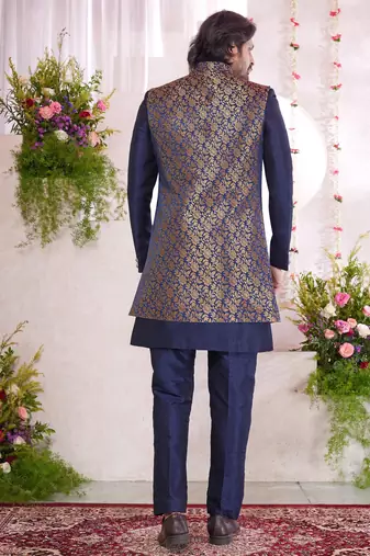 blue jacquard  art silk 3 peice jacket set for men