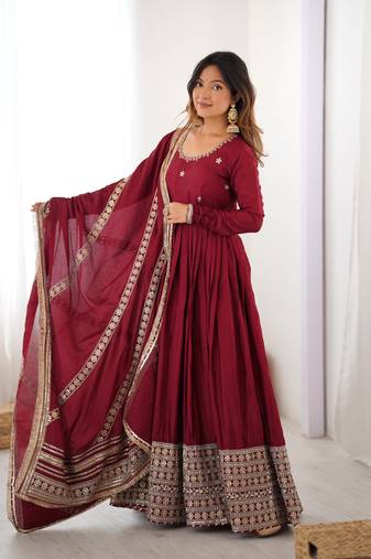 Maroon color Premium Chinon Silk Embroidered Gown Set with Dupatta & Pant | Thread & Sequin Work 