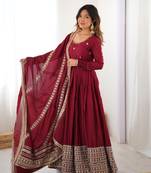 Maroon color Premium Chinon Silk Embroidered Gown Set with Dupatta & Pant | Thread & Sequin Work 