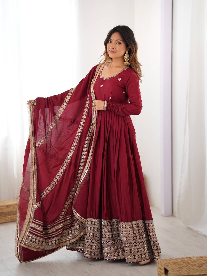 Maroon color Premium Chinon Silk Embroidered Gown Set with Dupatta & Pant | Thread & Sequin Work 