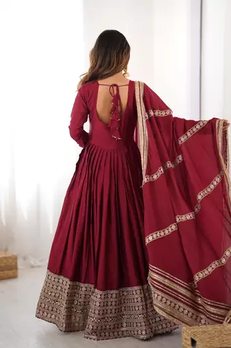 maroon chinon silk embroidered gown set with dupatta & pant