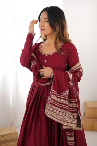 maroon chinon silk embroidered gown set with dupatta & pant