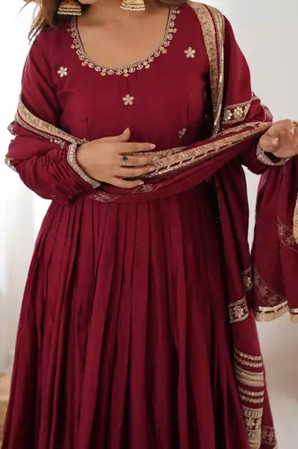 maroon chinon silk embroidered gown set with dupatta & pant
