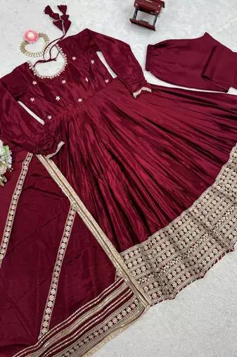 maroon chinon silk embroidered gown set with dupatta & pant