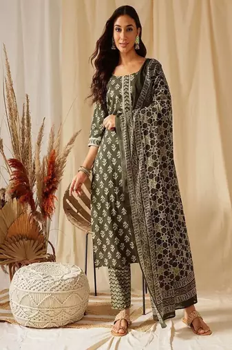 Floral printed rayon kurta set with printed dupatta