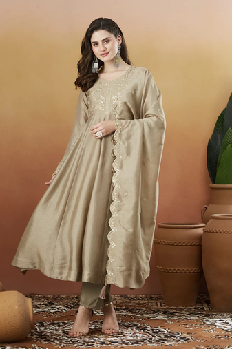 Women's Beautiful Vichitra Silk Fabric Embroidery Work Flared Anarkali Pant and Dupatta Set