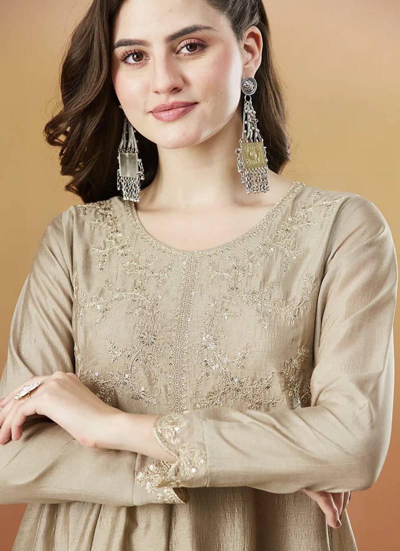 Women's Beautiful Vichitra Silk Fabric Embroidery Work Flared Anarkali Pant and Dupatta Set