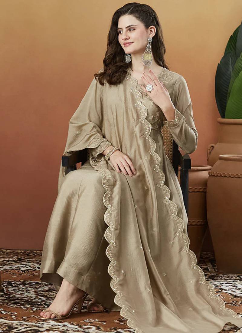 Women's Beautiful Vichitra Silk Fabric Embroidery Work Flared Anarkali Pant and Dupatta Set