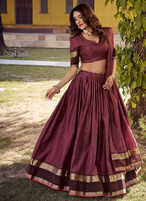 Maroon Cotton Zari Weaving Work Chaniya Choli  - Full Stitched Free Size 4