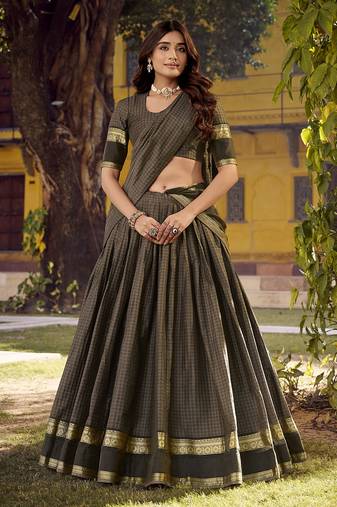 Green Cotton Zari Weaving Work Chaniya Choli  - Full Stitched Free Size