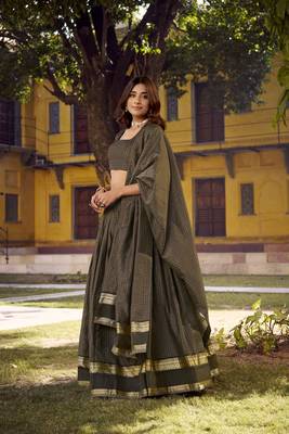 Green Cotton Zari Weaving Work Chaniya Choli  - Full Stitched Free Size 4