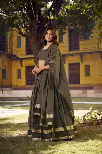 Green Cotton Zari Weaving Work Chaniya Choli  - Full Stitched Free Size