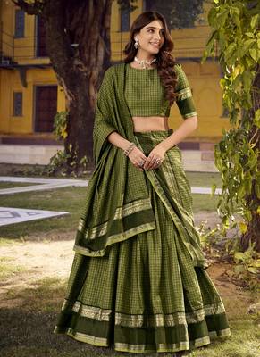 Green Cotton Zari Weaving Work Chaniya Choli  - Full Stitched Free Size 1