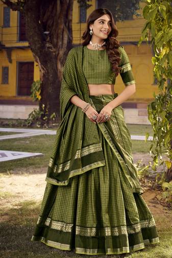 Green Cotton Zari Weaving Work Chaniya Choli  - Full Stitched Free Size