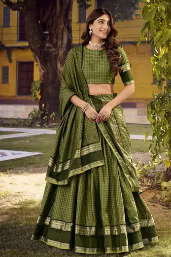 Green Cotton Zari Weaving Work Chaniya Choli  - Full Stitched Free Size