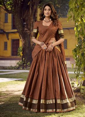 Orange Cotton Zari Weaving Work Chaniya Choli  - Full Stitched Free Size 1