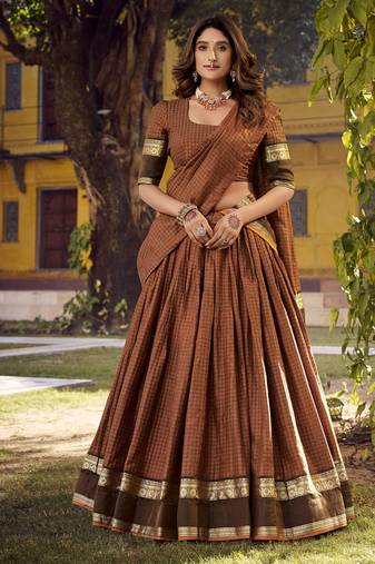 Orange Cotton Zari Weaving Work Chaniya Choli  - Full Stitched Free Size