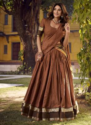 Orange Cotton Zari Weaving Work Chaniya Choli  - Full Stitched Free Size 4