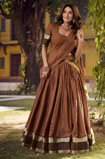Orange Cotton Zari Weaving Work Chaniya Choli  - Full Stitched Free Size