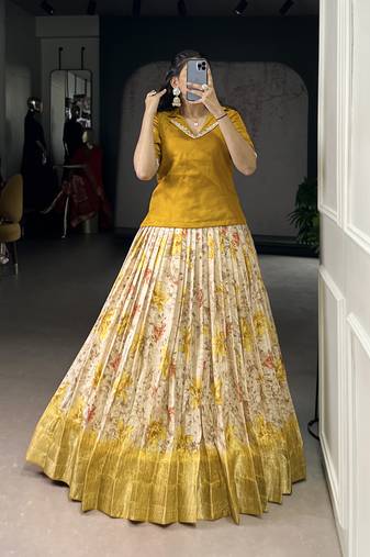 Yellow Cotton Zari Weaving Work Chaniya Choli  - Full Stitched Free Size