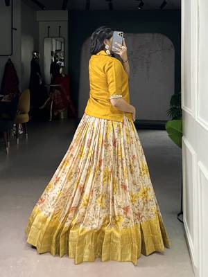 Yellow Cotton Zari Weaving Work Chaniya Choli  - Full Stitched Free Size 3