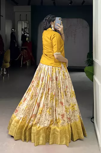 Yellow Cotton Zari Weaving Work Chaniya Choli  - Full Stitched Free Size