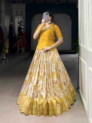 Yellow Cotton Zari Weaving Work Chaniya Choli  - Full Stitched Free Size 4
