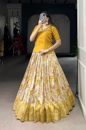 Yellow Cotton Zari Weaving Work Chaniya Choli  - Full Stitched Free Size