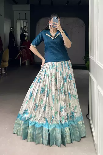 White Cotton Zari Weaving Work Chaniya Choli  - Full Stitched Free Size