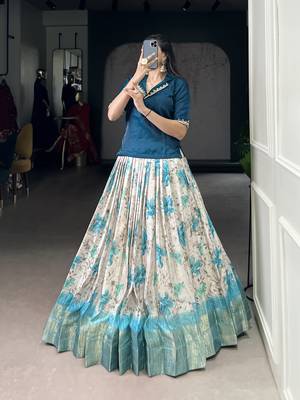 White Cotton Zari Weaving Work Chaniya Choli  - Full Stitched Free Size 4