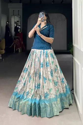 White Cotton Zari Weaving Work Chaniya Choli  - Full Stitched Free Size